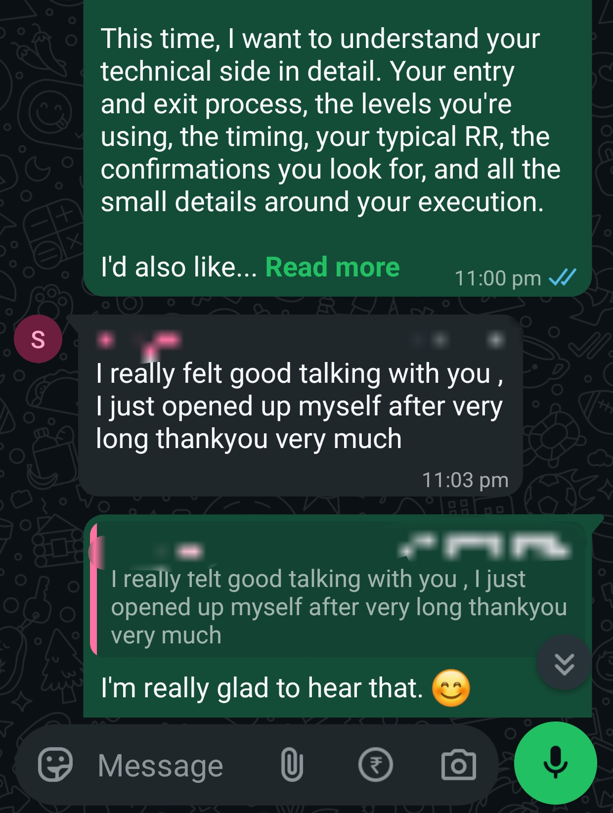WhatsApp message from a client after their second TradeRoot session
